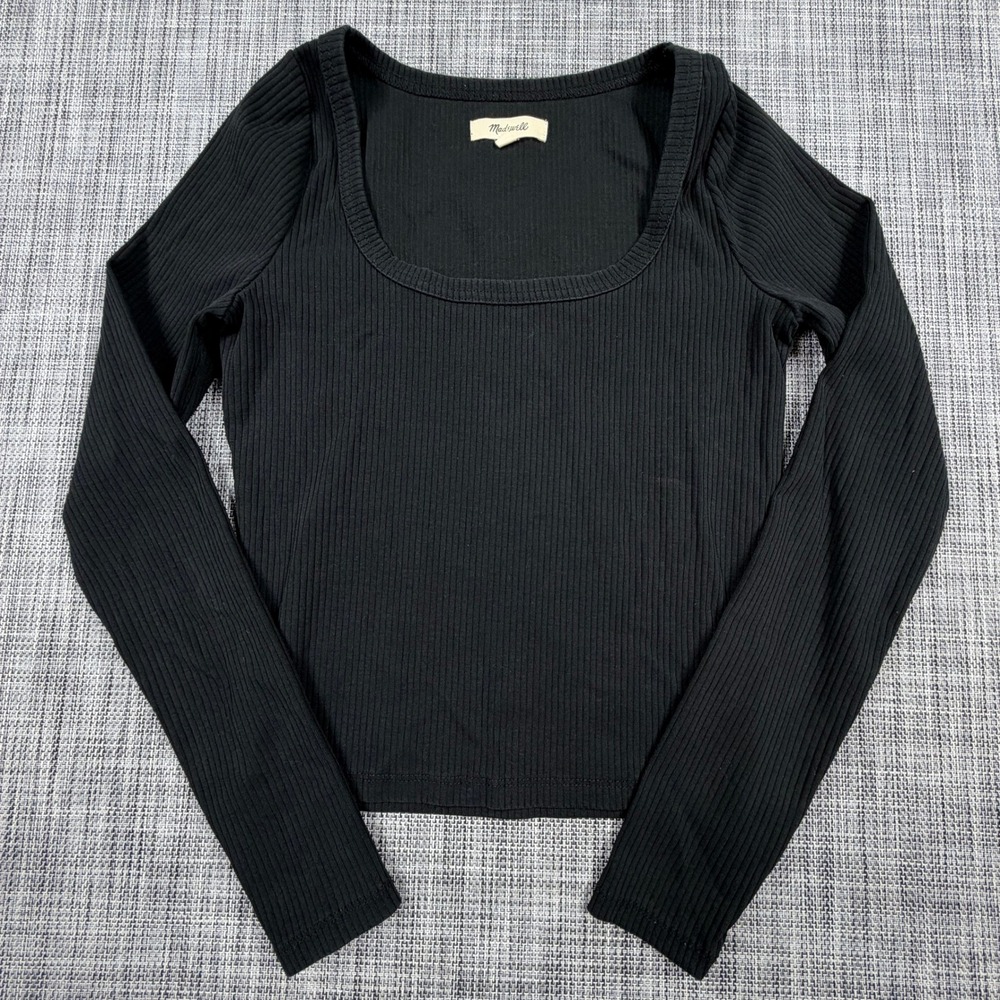 Madewell Women Black Ribbed Long Sleeve Square Neck Top Cotton Blend Size XS